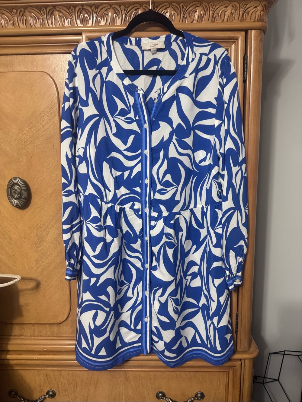 LOFT Blue and White Long-Sleeve Printed Button-Front Dress